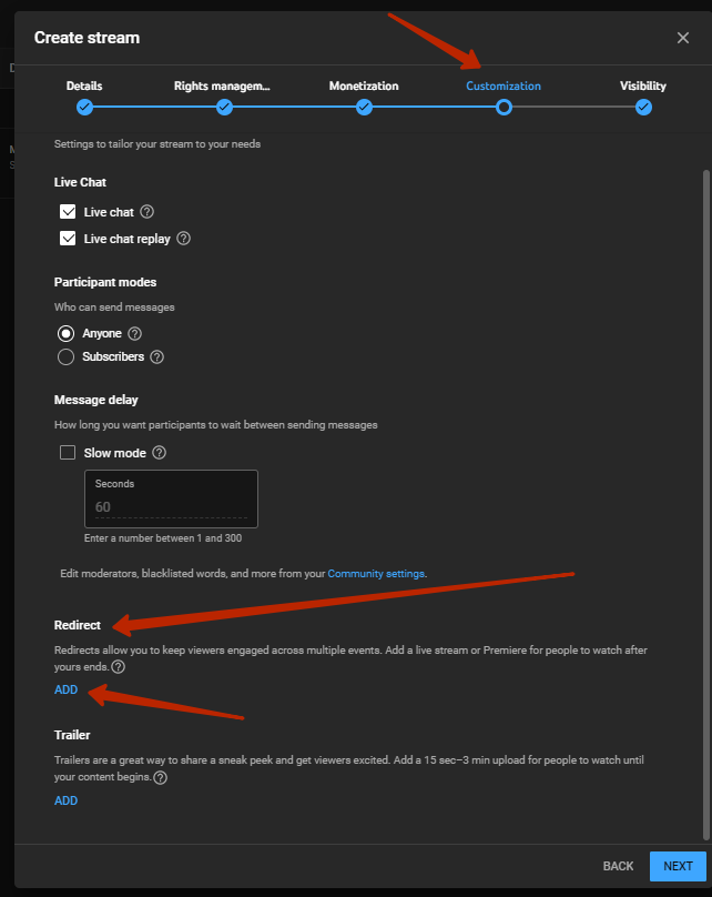 YouTube live stream customization settings