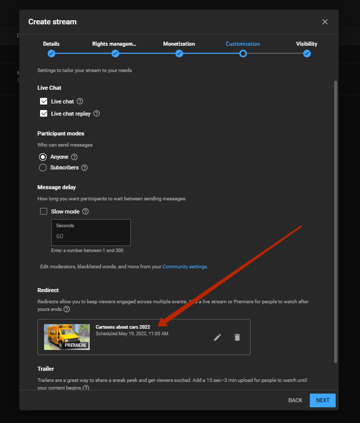 YouTube stream redirect video setup
