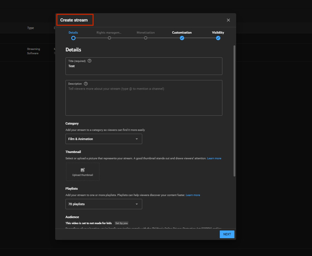 YouTube live stream creation interface