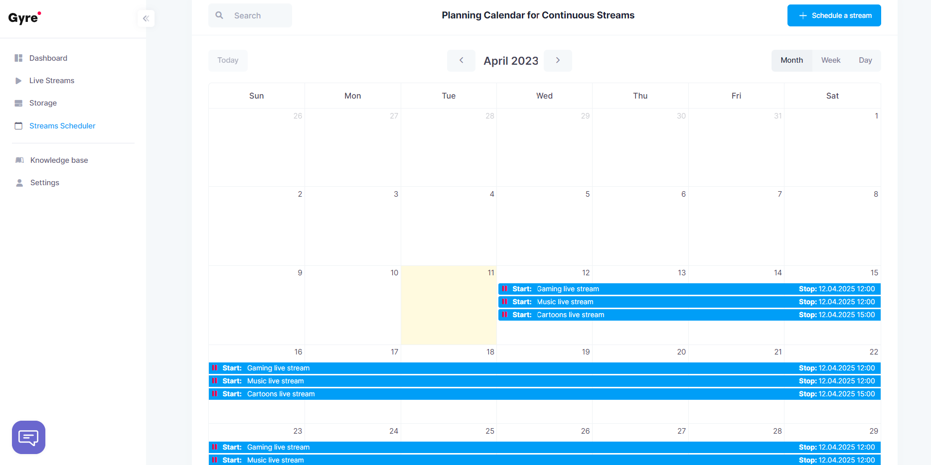 Calendário de planejamento de streams contínuos Gyre