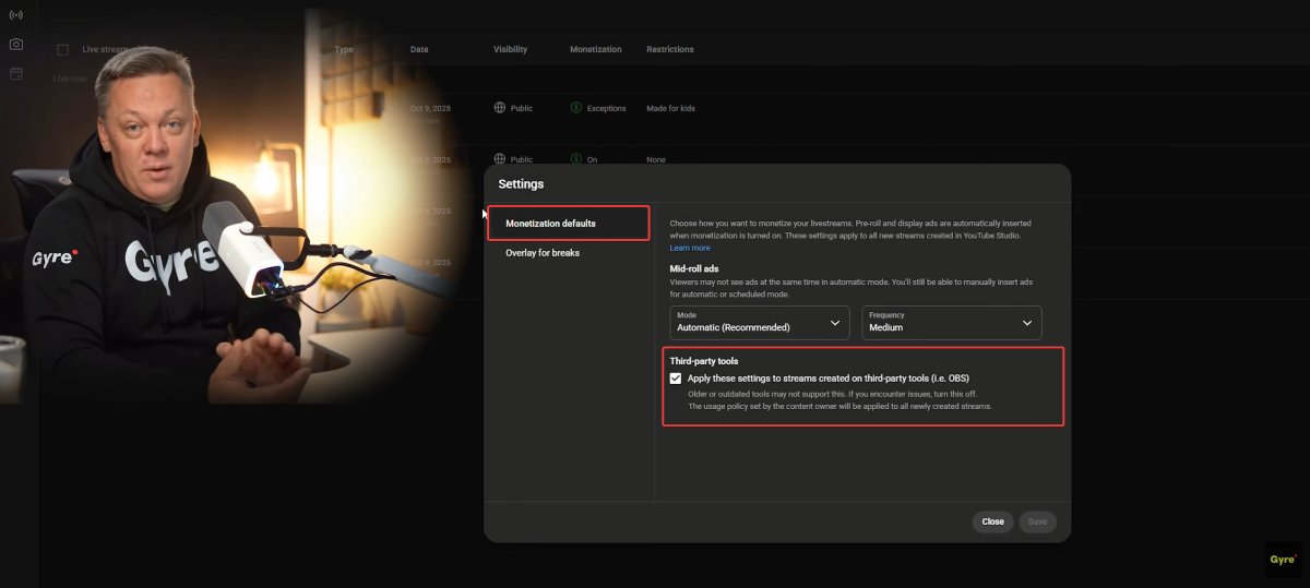 Configuração de monetização de streams externos