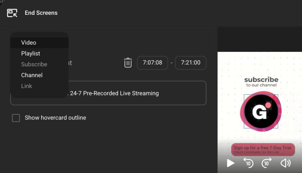How to add end screen YouTube — Element dropdown showing Video, Playlist, Subscribe, Channel, and Link options