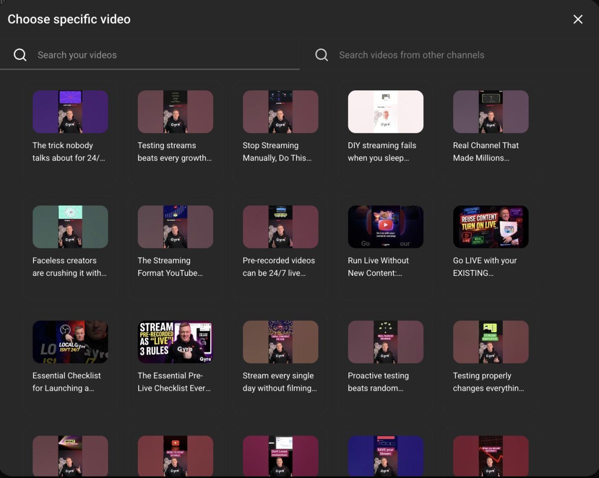 Choose specific video modal — search and select from your YouTube video library for the end screen