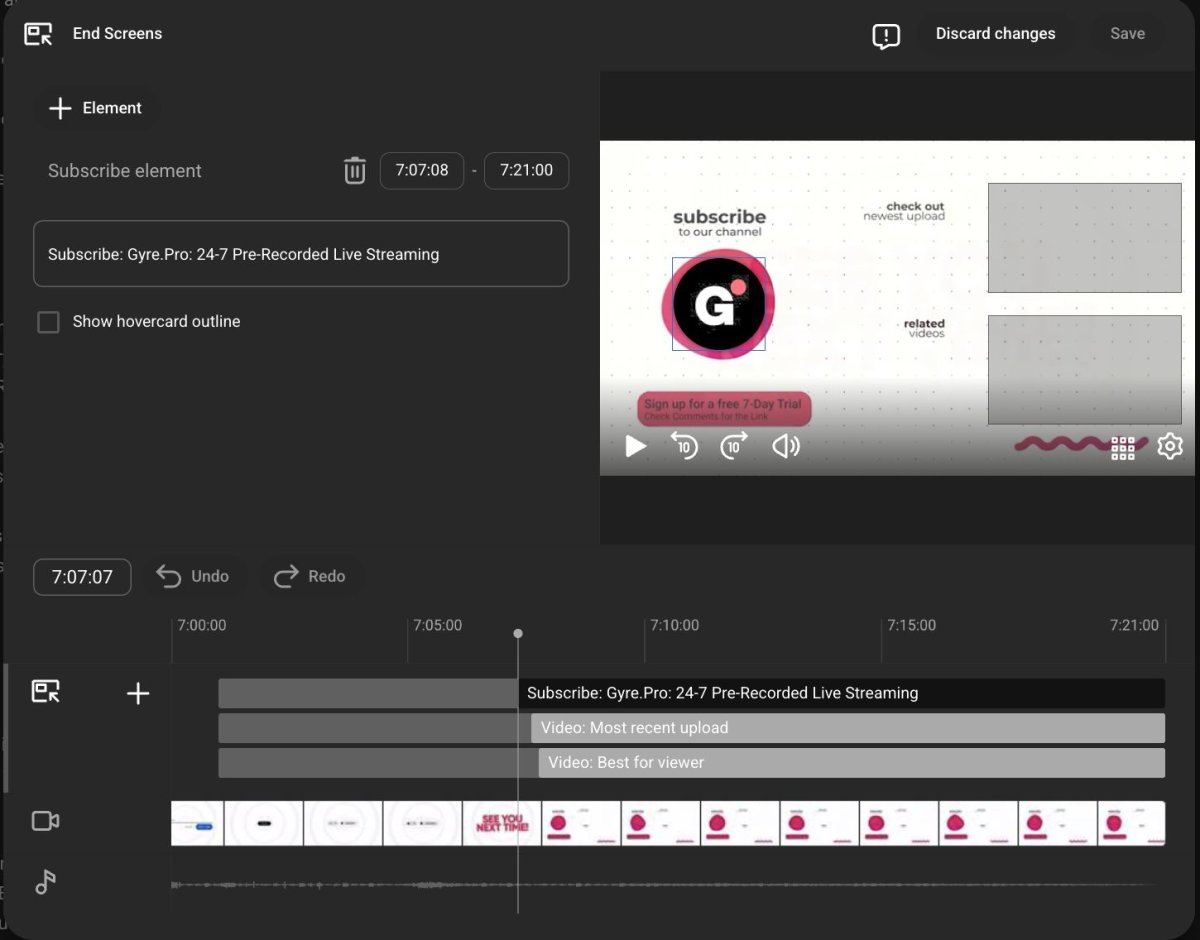 YouTube end screen design — subscribe button and video elements positioned with staggered timing in the editor timeline