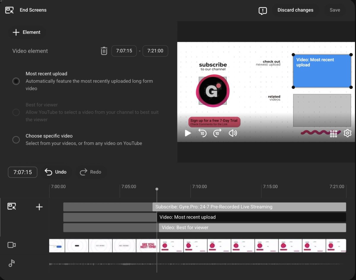 YouTube end screen video element options — Most recent upload, Best for viewer, and Choose specific video