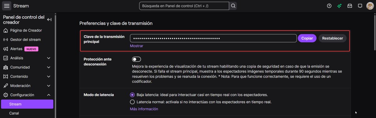 Ubicación de la clave de transmisión en el Panel del Creador de Twitch