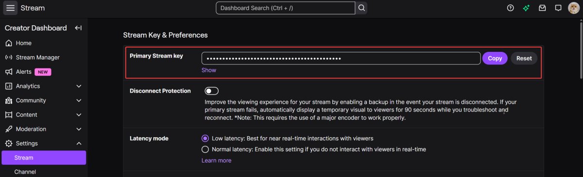 Twitch stream key location in Creator Dashboard