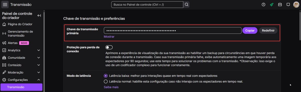 Localização da chave de transmissão no Painel do Criador da Twitch