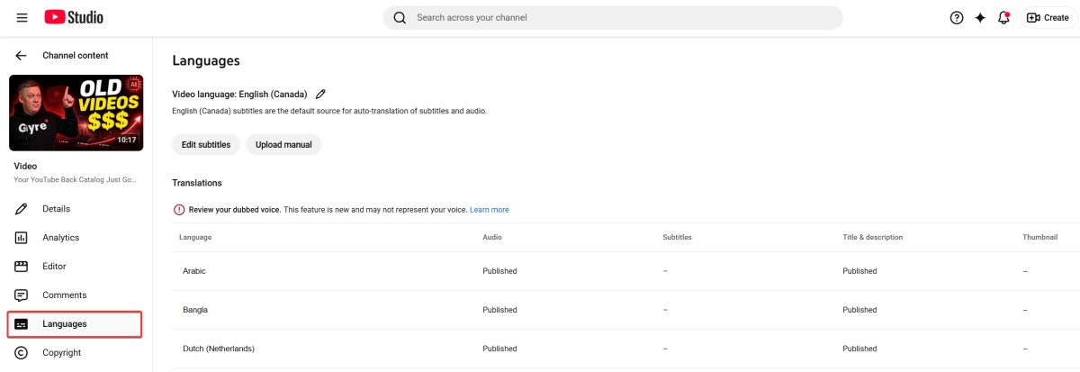 YouTube Studio video languages