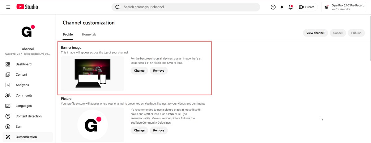 YouTube channel banner customization