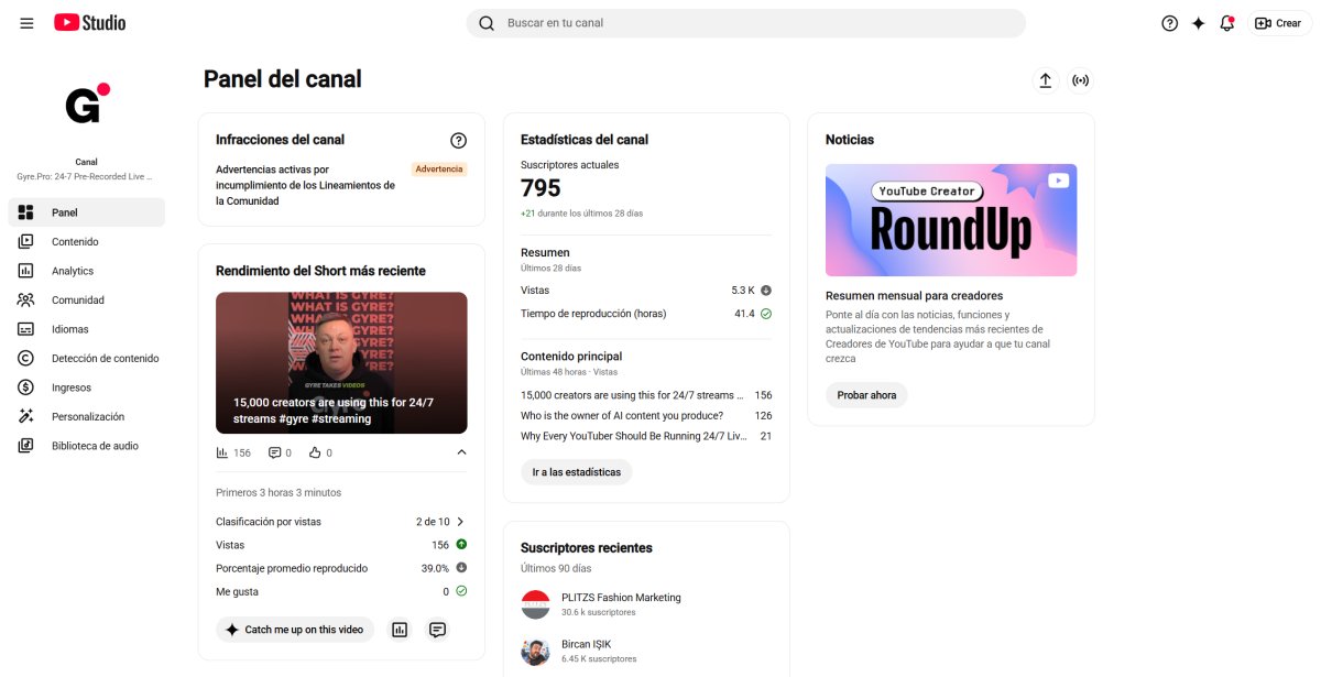 Panel del canal de YouTube Studio