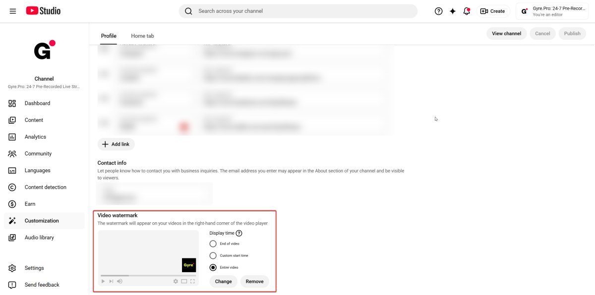 YouTube video watermark settings