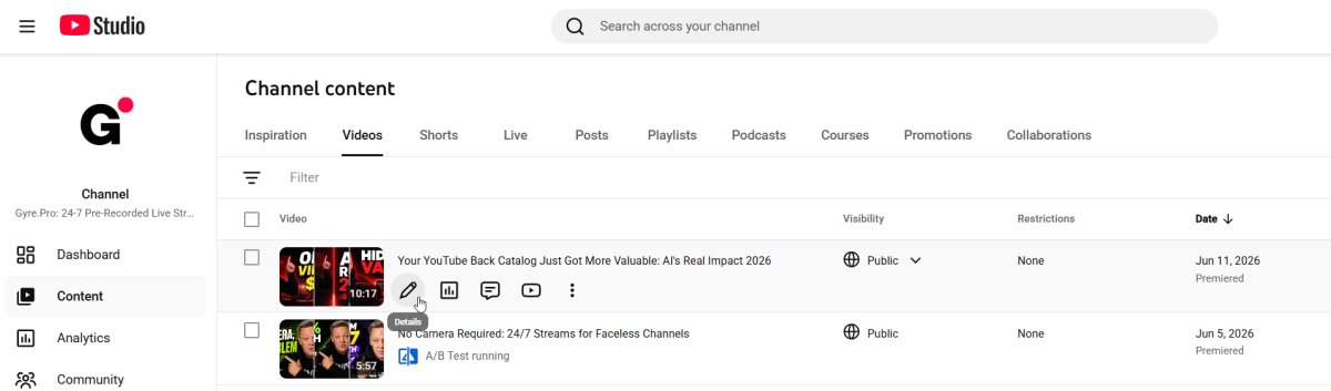 YouTube Studio channel content