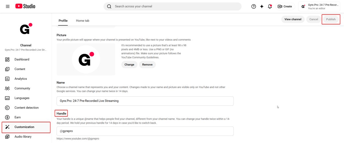 YouTube channel handle customization