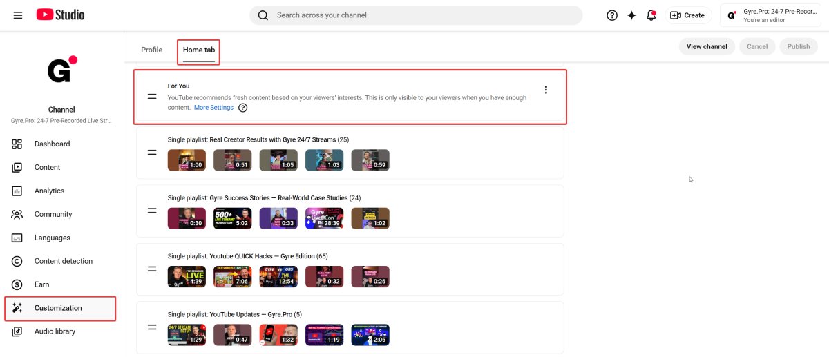 YouTube For You section customization
