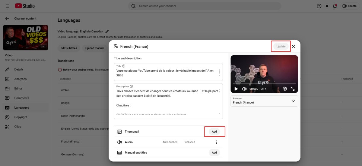 YouTube video translation settings