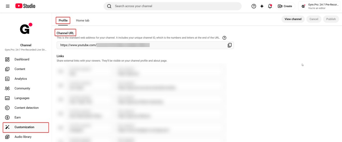 YouTube channel URL settings