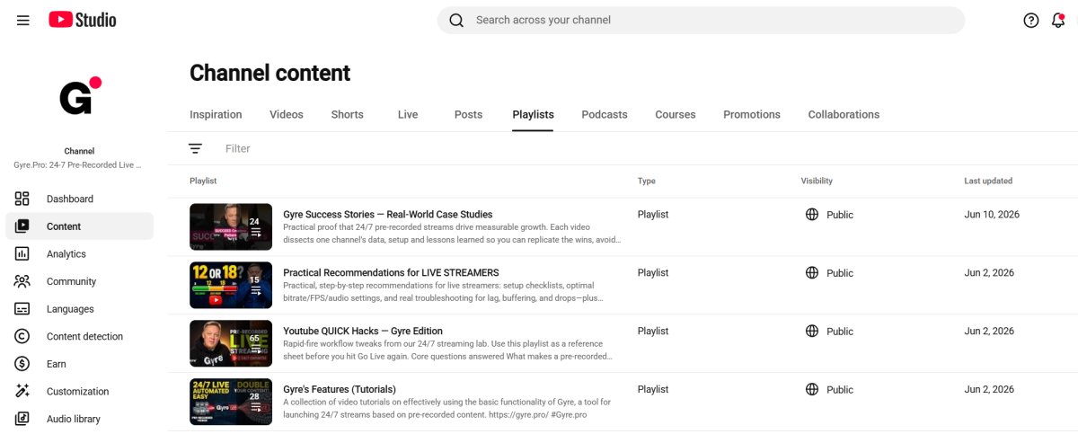 YouTube Studio playlists
