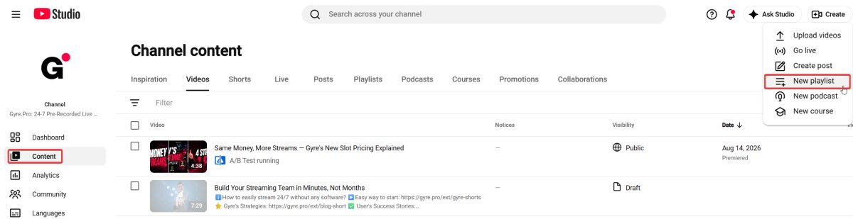 YouTube Studio new playlist