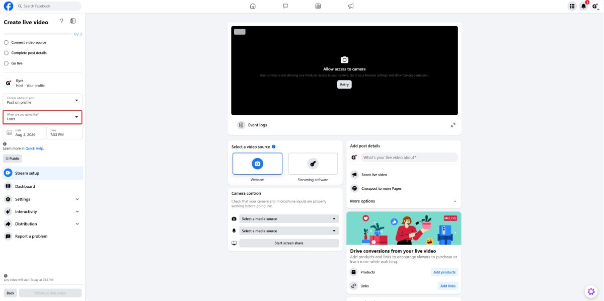 Facebook Live webcam setup
