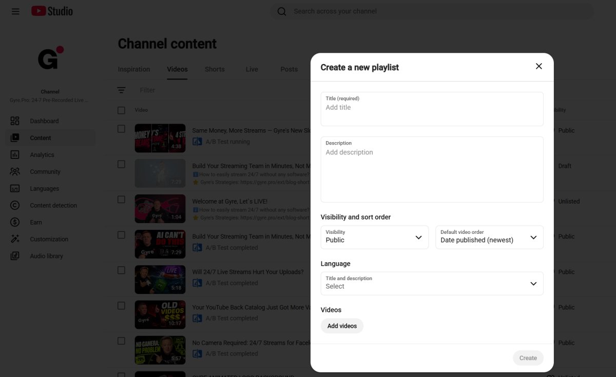 YouTube Studio playlist details