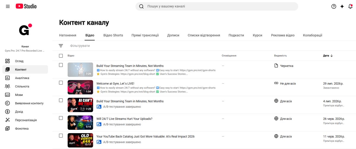 Відеоконтент у YouTube Studio