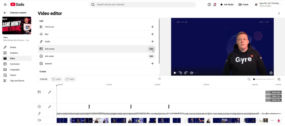end screen editor with four elements
