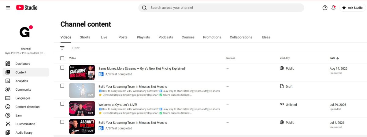 YouTube Studio content videos list
