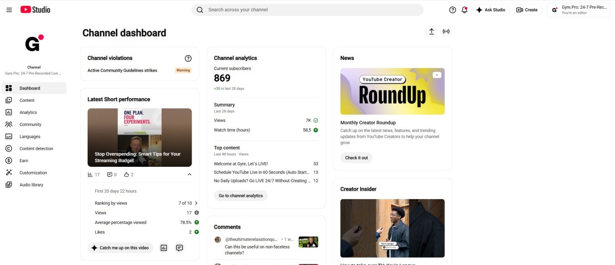 YouTube Studio channel dashboard