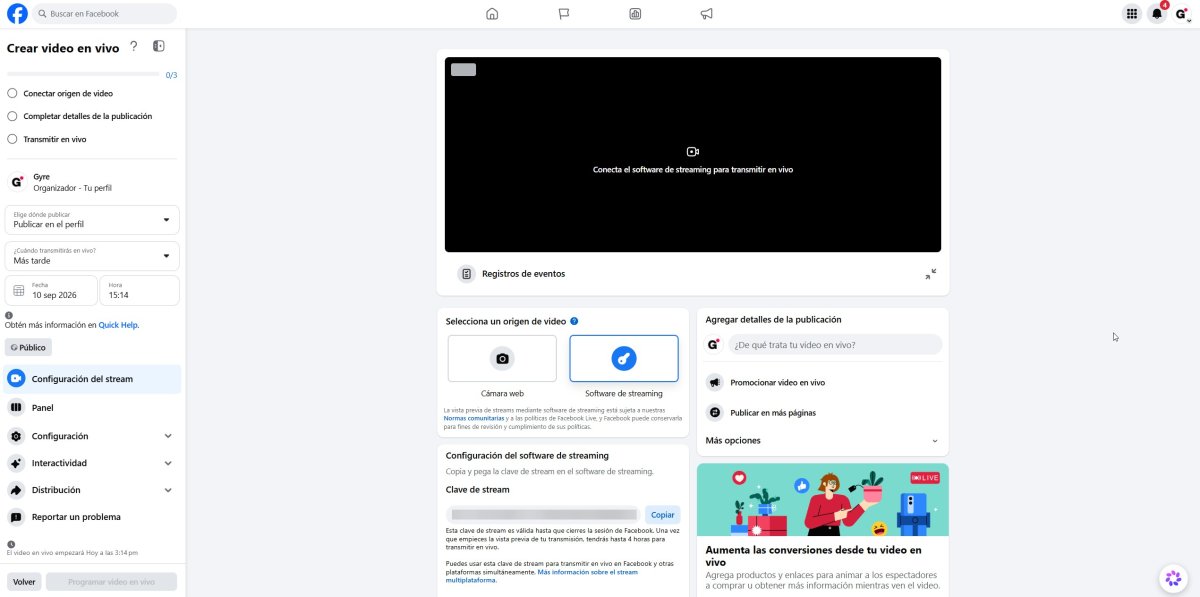clave de transmisión de Facebook