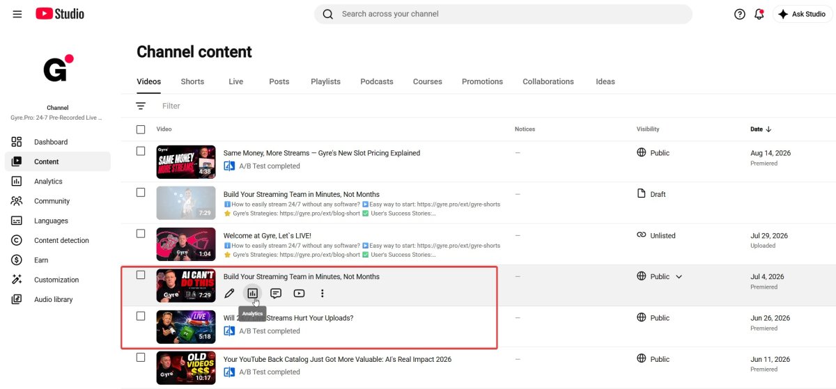 YouTube Studio video analytics screen