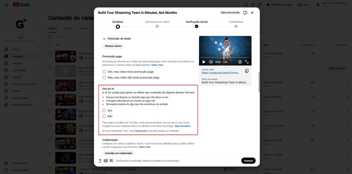 campo de uso de IA no Studio | YouTube Studio → Detalhes → Elementos do vídeo → Verificação inicial → Visibilidade, а «Uso de IA»