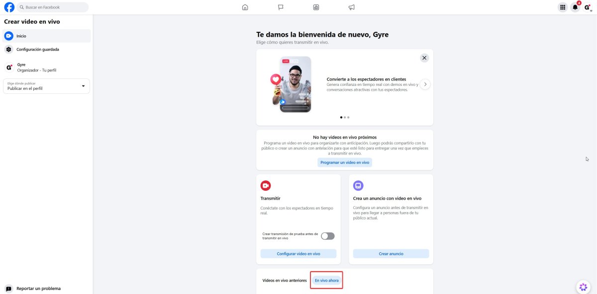 opciones de directo y evento