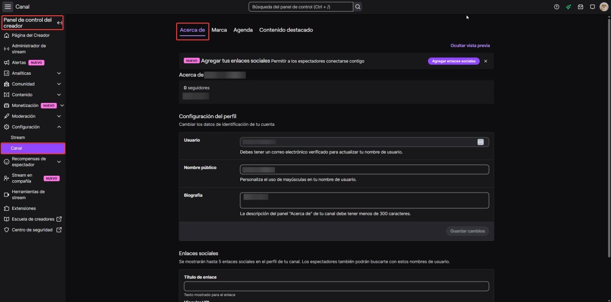 interruptor Editar paneles activado en la pestaña Acerca de del canal