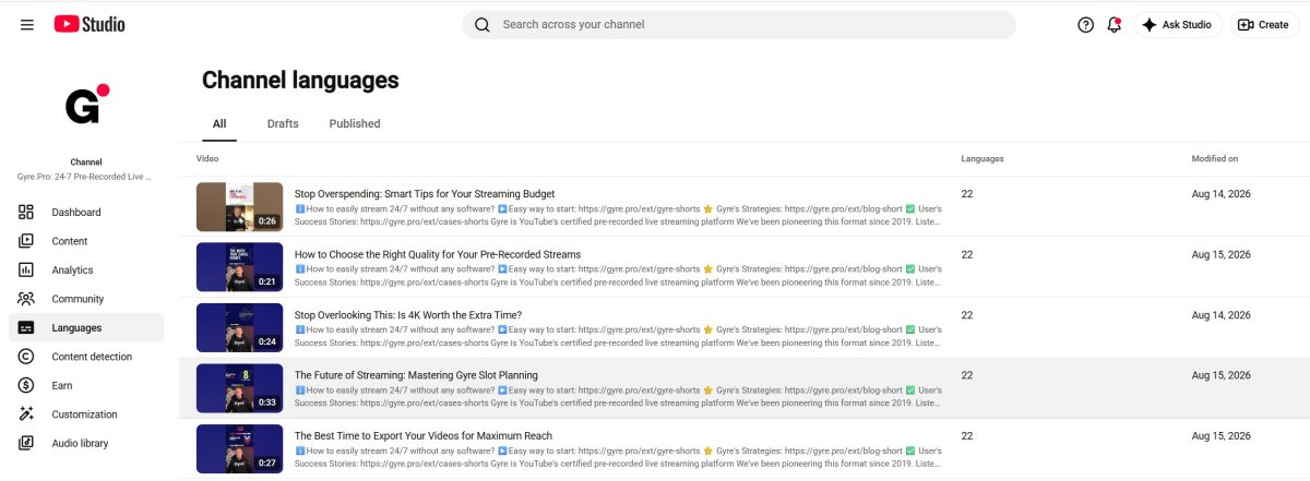 YouTube Studio languages tab