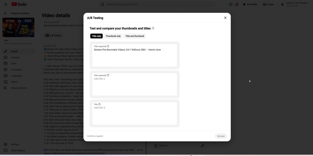 A/B testing option in video details