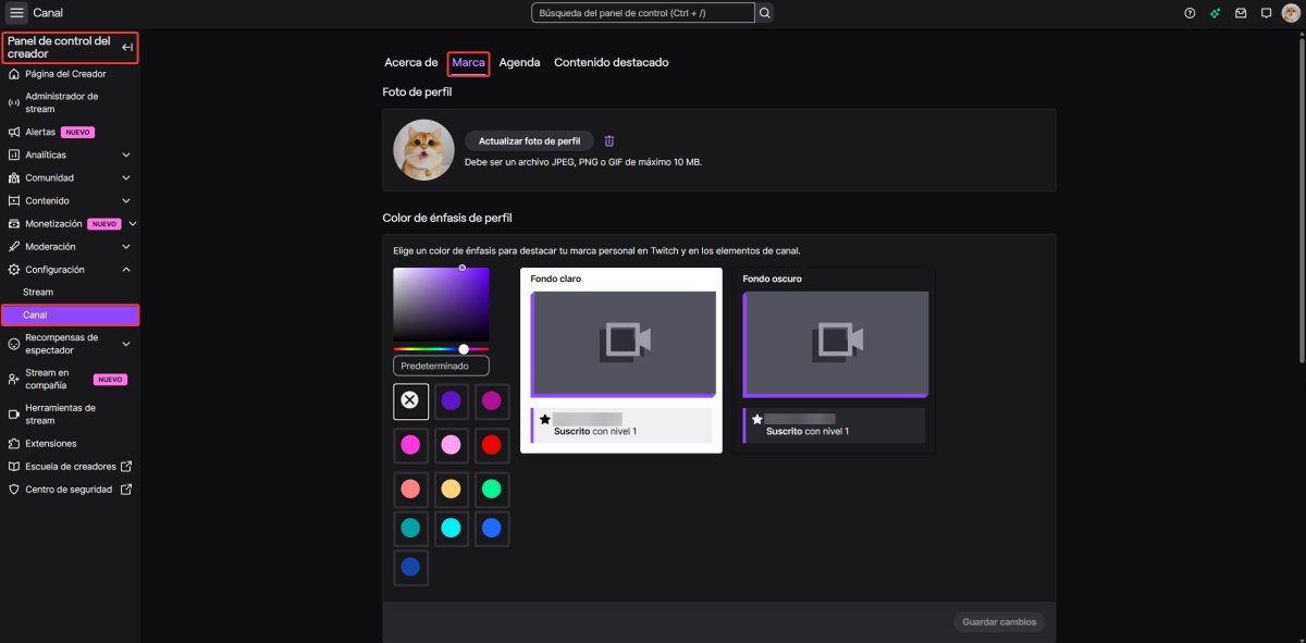 pestaña Marca del panel de control del creador de Twitch