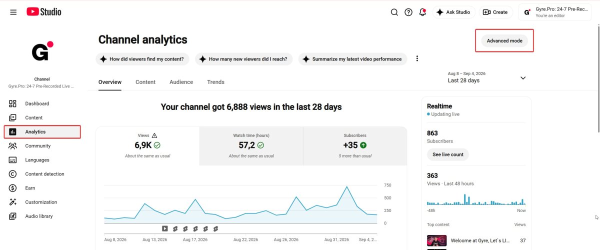 Advanced mode button in YouTube Analytics