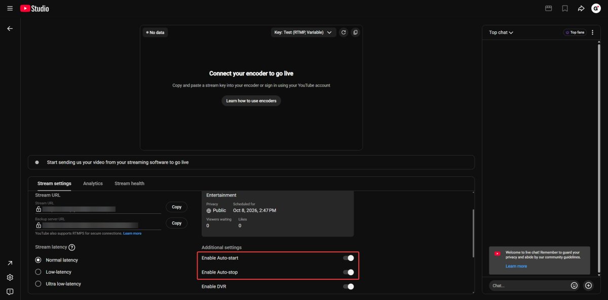 YouTube auto-start and stop settings